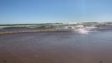 Sahilde parlayan ve arka planda uçurtma uçuran biri.