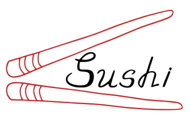 Siyah-beyaz yazıtlı Suşi (işaret, harf) beyaz arka planda izole edilmiş kırmızı Çin yemek çubukları ile. Siyah-beyaz besin çizimi. Yemek menüsü, duvar kağıdı, kumaş, tekstil için tasarım.