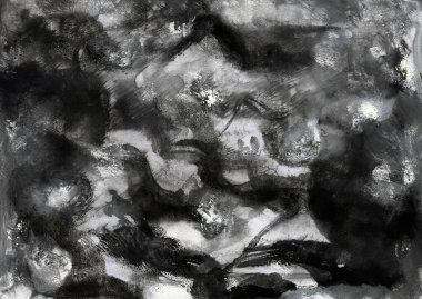 Damlaları, lekeleri, çizgileri ve lekeleri olan basit siyah-beyaz soyut bir arka plan. Elle boyanmış suluboya doku, grafit arkaplan. Kumaş, arka plan, duvar kağıtları, kapaklar için tasarım.