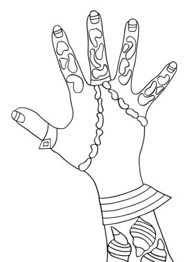 Yüzüklü el, barok inciler, izole edilmiş kabuklar. Elle boyanmış moda illüstrasyonu, şık mücevherler. Dud ve Zen, meditasyon, rahatlama. Boyama kitabı, sayfa, bir dizi boyalı resimden biri..