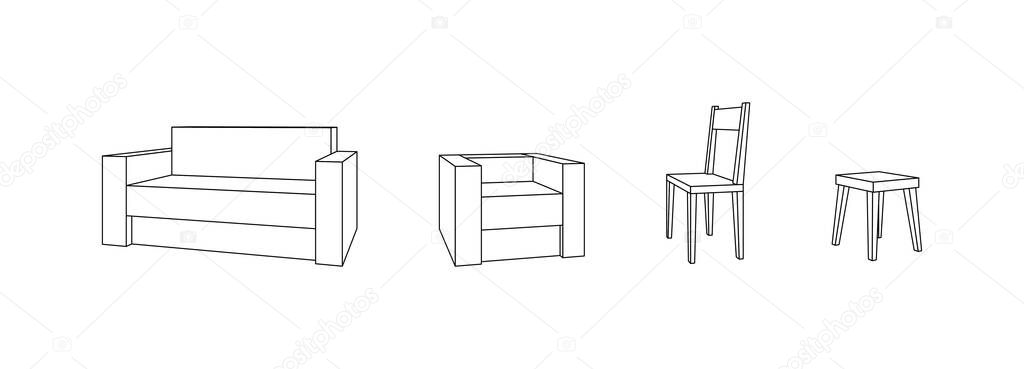 set of low poly outline seats, couch, armchair, chair, stool , isolated furniture, vector, illustration