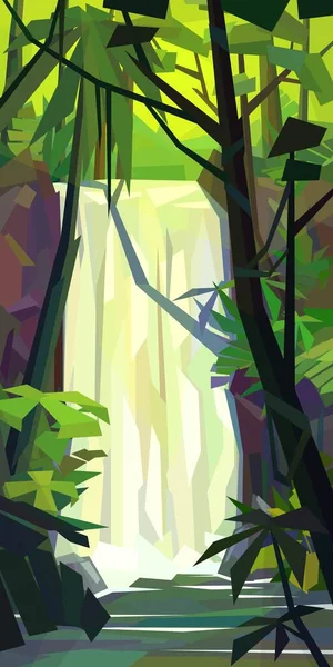 Niedrige Poly Dschungel Landschaft Fluss Wasserfall Farn Baum Palme Dichter — Stockvektor