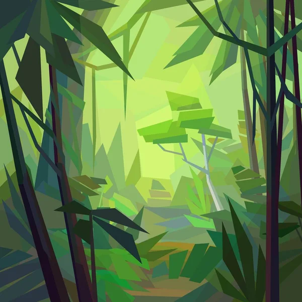 Faible Poly Jungle Paysage Fougère Arbre Palmier Forêt Dense Vigne — Image vectorielle