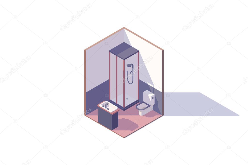 Isometric bathroom interior. There are shower, toilet bowl, washbasin. Grey, white and orange colors. Vector illustration