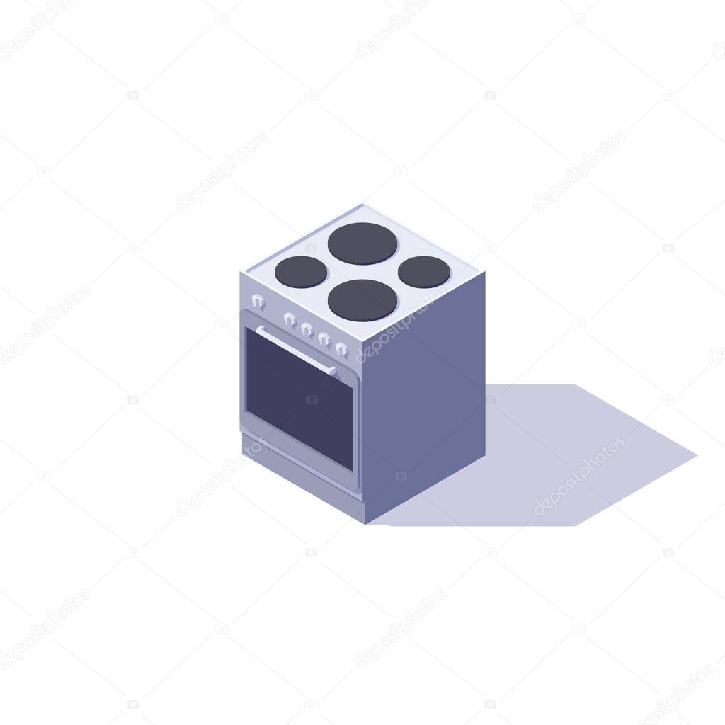 Isometric grey electric stove with oven isolated on white background. Vector illustration