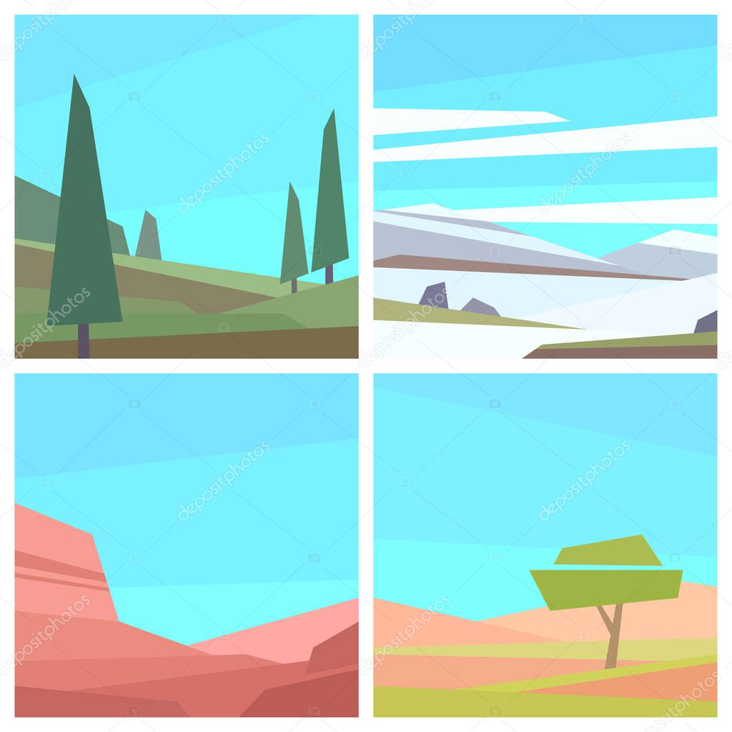 Set of low poly landscapes. Different climates. Square vector illustration