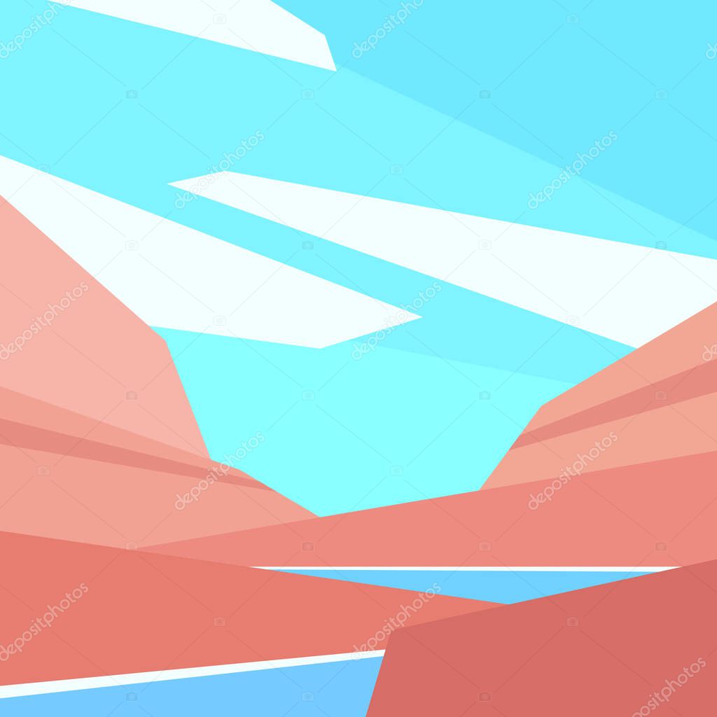 Low poly mountain river landscape. Square vector illustration