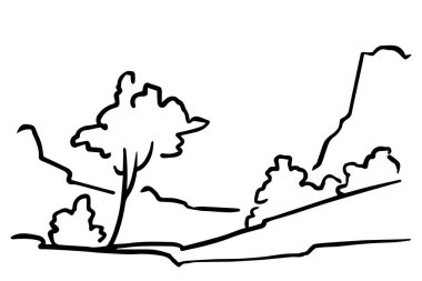 Ana hatlarıyla. Ağaç, çalılar, dağlar var. Vektör illüstrasyonu