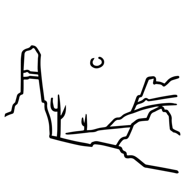 Landschaft Umreißen Wüste Mit Kakteen Vektorillustration — Stockvektor
