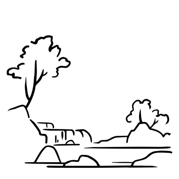 Очертания Пейзажа Водопад Деревья Скалы Векторная Иллюстрация — стоковый вектор