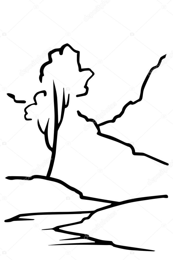Outline landscape. There are tree, river, mountains. Vector illustration