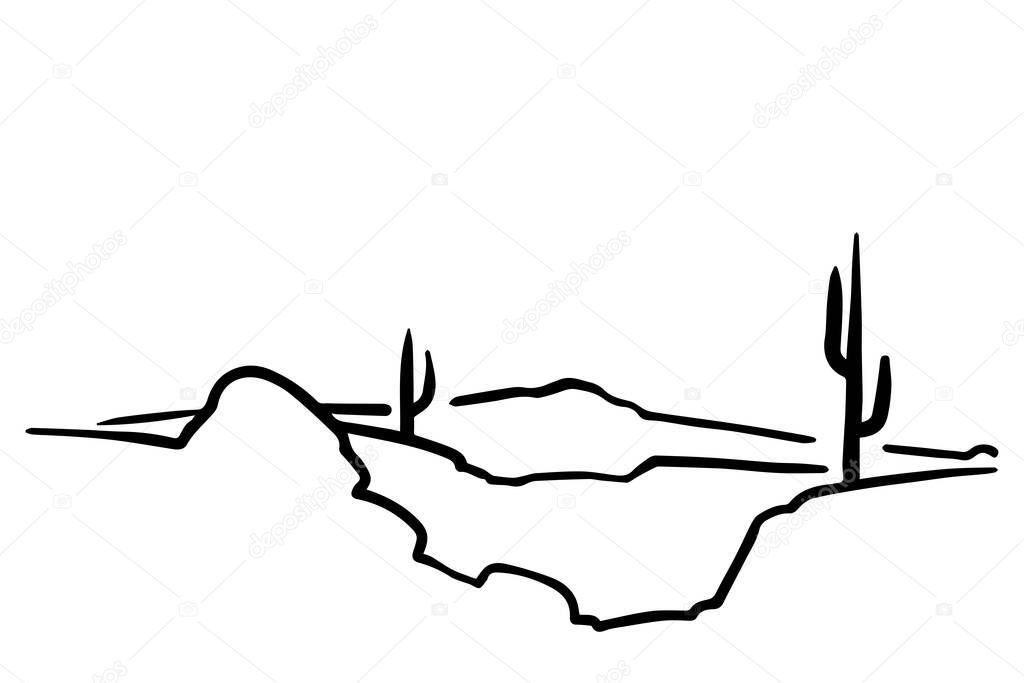 Outline landscape. Desert with cacti. Vector illustration