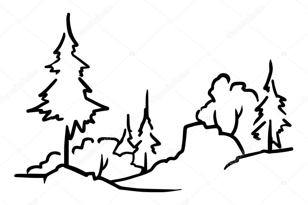 Outline landscape. There is mixed forest. Vector illustration
