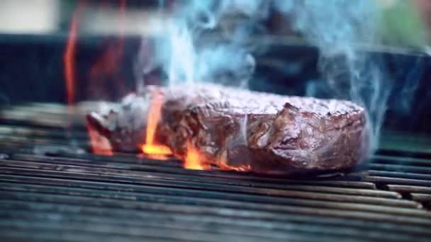 Metal barbekü ızgarasında ızgara ızgara bifteği, terasta piknik partisi için baharatlı et ve otla kızartma. Alevler ve dumanla yanan kömürlerin üzerinde sulu et ızgara yapmak. İşlem — Stok video