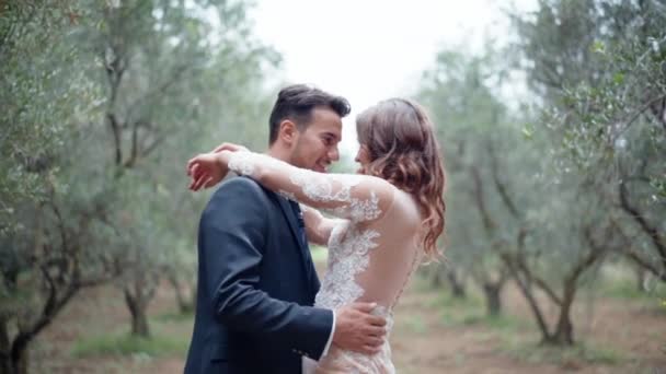 Harika zeytin ağaçlarının arasında birbirine sarılan evli çiftler sarılıp eğleniyorlar. Sevgi ve şefkat, şefkat ve kadın arasındaki mutluluk. Genç aile kavramı — Stok video