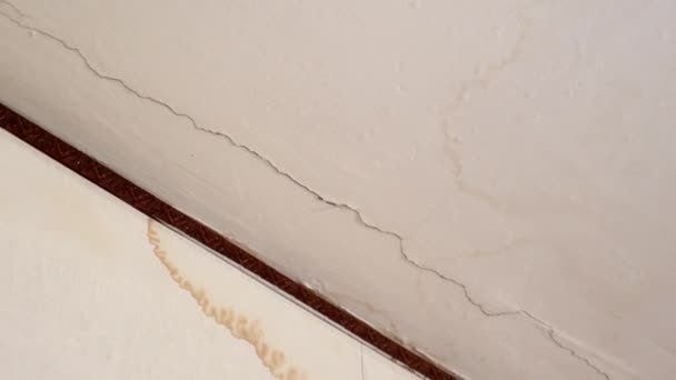 L'eau se fissure sur le plafond de plâtre après de fortes pluies ou des fuites de l'appartement voisin supérieur. Grandes taches brunes sales sur le plafond de plâtre, gouttelettes d'eau détruisant le toit. Formation de moisissures — Video