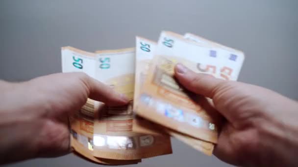 Licząc wiązkę banknotów euro, papierową walutę w rękach osób. Zarabianie i oszczędzanie pieniędzy na płatności lub inwestycje, rozwój kariery w biznesie i sferze finansowej. Obliczanie środków pieniężnych — Wideo stockowe