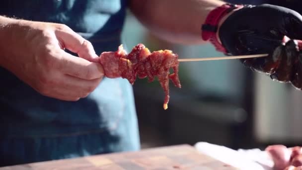 Espetos de churrasco grelhados ao ar livre, preparação de deliciosa variedade de carne picante para festa de piquenique com amigos ou familiares, assar espetos de carne em carvão grelhar ao ar livre — Vídeo de Stock