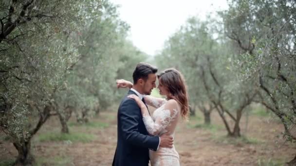 Las emociones íntimas sinceras de la pareja joven en los olivos asombrosos jardín, abrazos y besos concepto. Citas románticas entre la naturaleza, el amor y la felicidad en relación — Vídeos de Stock