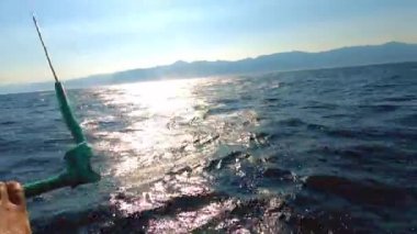 Gün batımında uçurtma sörfü antrenmanı, sörfçülerin suda uçurtma sürmeyi öğrenmesi, ekstrem spor eğlencesi. Uçurtma sörfçüsü suyun üzerinde özgürlüğünü hissediyor