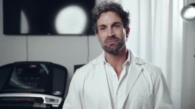 Önde gelen beyaz laboratuvar önlüğü uzmanı izleyicilere tıbbi giysi taşıyor, gülümseyen yakışıklı doktor konuşuyor, açıklama yapıyor ve tavsiyelerde bulunuyor. Ücretsiz danışmanlık, profesyonel tıp doktoru