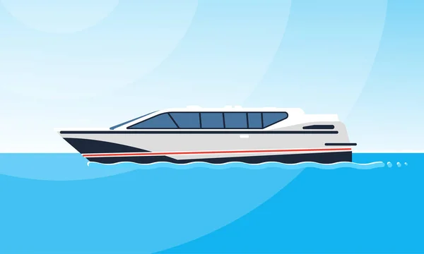Ρεαλιστική επίπεδη στυλ απεικόνιση της πλευρικής προβολής της λευκής μηχανοκίνητο σκάφος στο νερό. Μοντέρνα σκάφος εικόνα στο απλό φόντο ενός θαλάσσιου τοπίου. — Διανυσματικό Αρχείο