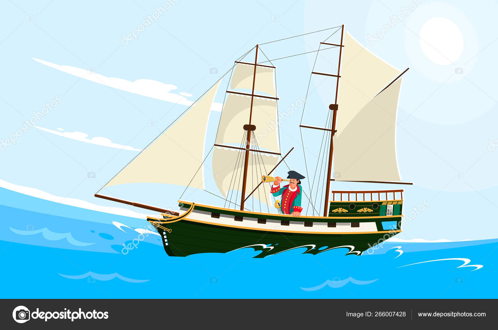 Realistic flat style illustration of an old wooden sailing ship on the  water and with the