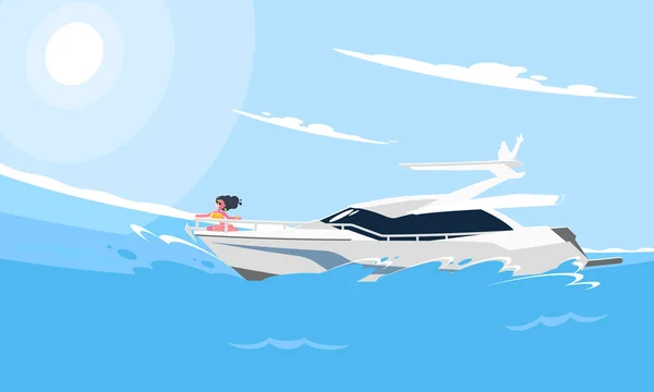 Рисунок в плоском стиле белой моторной яхты на воде. Современное изображение лодки на фоне морского пейзажа . — стоковый вектор