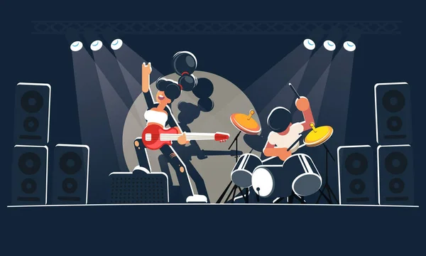Modern music band shows a concert on a dark stage in the bright rays. A pretty girl guitarist with a red electric guitar and a mad drummer play rock, indie or alternative instrumental music. — Stock Vector