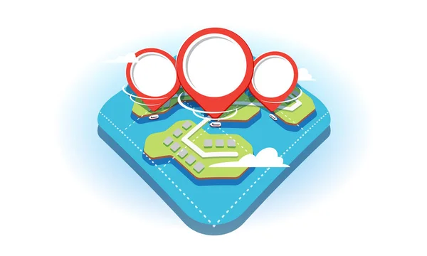 지리적지도와 빨간색 탐색 핀의 조각과 3D 평면 스타일 개념. 핀은 지도의 연못에서 사용 가능한 물 수송을 보여줍니다. 클립아트는 흰색 배경에서 격리됩니다.. — 스톡 벡터