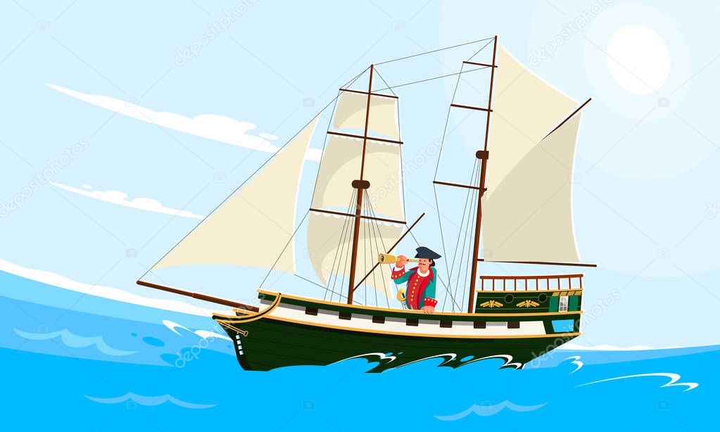 Realistic flat style illustration of an old wooden sailing ship on the water and with the captain on the deck. Ship in the sea or ocean. Brig with white sails went on a long voyage.