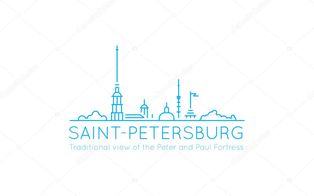 Traditional panoramic view with the outlines of the Peter and Paul Fortress, often used to represent the image of St. Petersburg. Line style illustration for use as symbol, icon or logo.