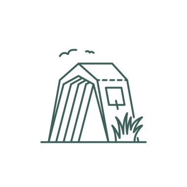 Kamp çadırı minimalist çizgi simgesi. Beyaz arka plan üzerinde izole edilmiş bir çadır ın çizimi