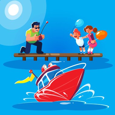 Flat style illustration of a father with children is driving a red radio-controlled model of a modern powerboat from the pier. The red boat rushes through the waves, creating flying splashes. clipart