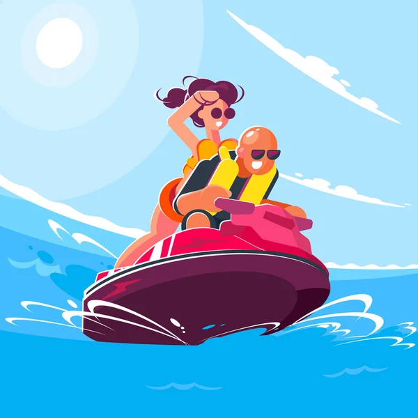 晴れた夏の日に海に水のスクーターに乗って女の子と陽気な若い男。アクティブなスポーツやエンターテイメントに従事する笑顔のキャラクターのフラットスタイルのイラスト. — ストックベクタ
