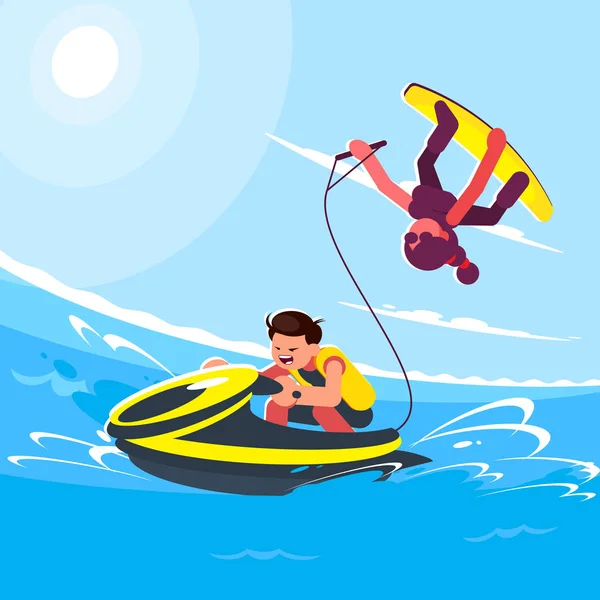 Ilustrações em estilo plano de personagens em atividades populares de praia de verão e atividades aquáticas. Guy monta uma scooter de água e garota o segue e faz um truque em um wakeboard . — Vetor de Stock
