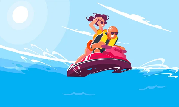 Jovem alegre com uma menina montar uma scooter de água no mar em um dia ensolarado de verão. Ilustração em estilo plano de personagens sorridentes envolvidos em esportes ativos e entretenimento . —  Vetores de Stock