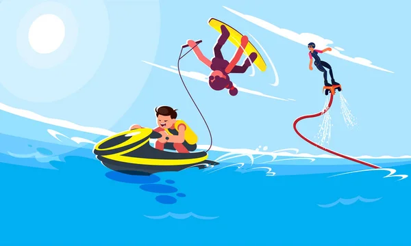 Иллюстрации в плоском стиле персонажей популярных летних пляжных и водных развлечений. Парень ездит на скутере, а девушка следует за ним и делает трюк на вейкборде. Flyboardist fly up — стоковый вектор