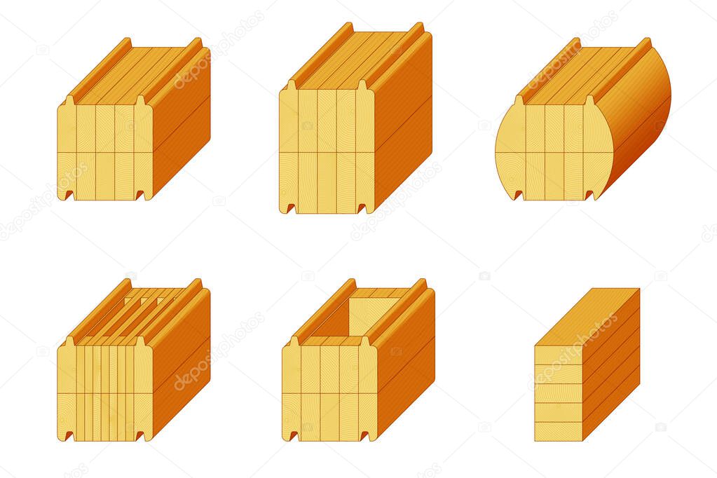 Set of isometric icons for types of timbers. Various wooden materials for the construction of prefabricated buildings.