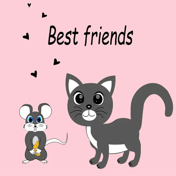 可爱的猫与鼠标插图 动物友谊 — 图库照片