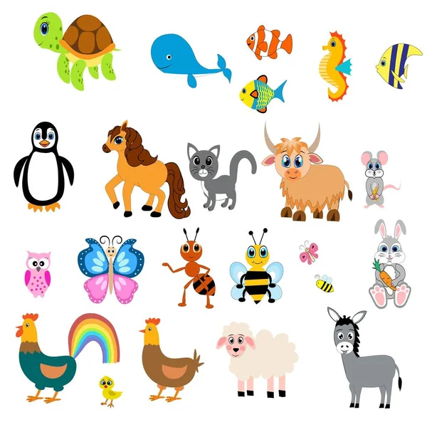 Animais Bonitos Conjunto Ilustração Coleta Animais Fazenda Animais Marinhos Animais — Fotografia de Stock