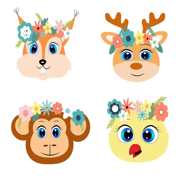 set of animal faces  illustration  flower wreath on head