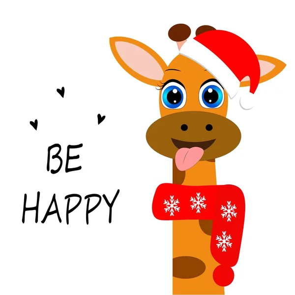 Carino Giraffa Natale Cappello Babbo Natale Illustrazione Cartone Animato — Foto Stock