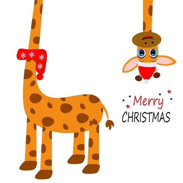 Noel Baba şapkalı şirin Noel zürafası, karikatür çizimi., 
