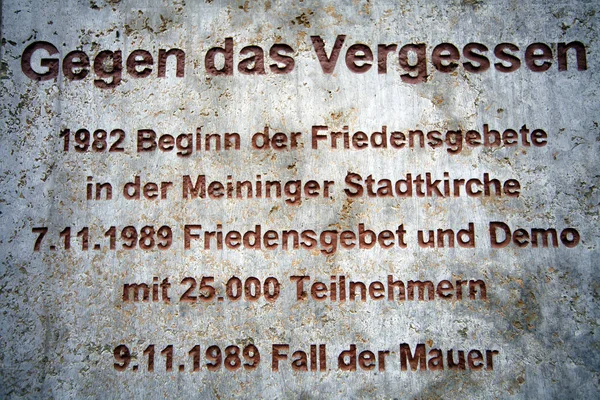 Placa Conmemorativa Las Oraciones Paz Por Reunificación Meiningen Alemania Octubre — Foto de Stock
