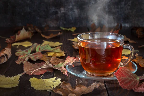 Чашка Горячего Чая Среди Осенних Листьев Деревянном Фоне — стоковое фото