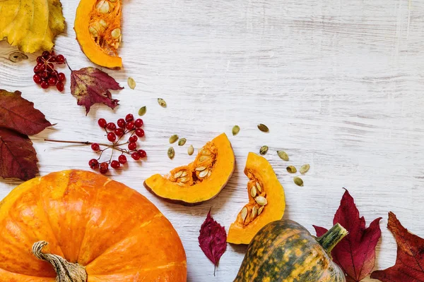 Kabak ve sonbahar yaprakları üzerinde hafif bir arka plan. Şükran günü. Kopya alanı.