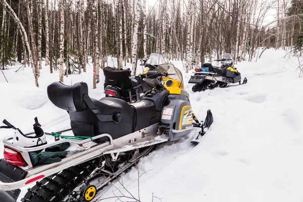 Tre Motoslitte Nella Foresta Invernale Tra Montagne Degli Urali — Foto Stock