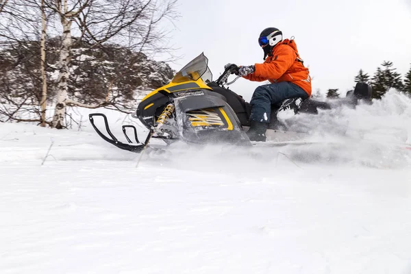 Αθλητής Ένα Snowmobile Κινείται Στο Δάσος Του Χειμώνα Στα Βουνά — Φωτογραφία Αρχείου