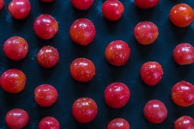 Ortaya konulan küçük domates satırları.